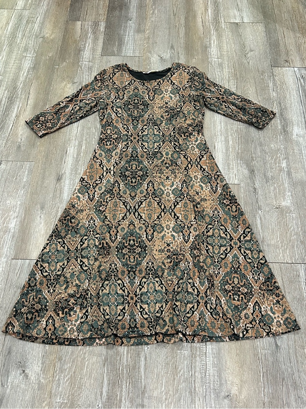 Peruvian Connection Green and Brown Damask Patterned Midi Dress Sz M